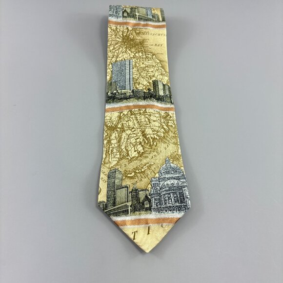 Structure Beige Map & City Landscape Men's Tie 3 3/4" x 58 1/2" Vintage - Picture 2 of 4